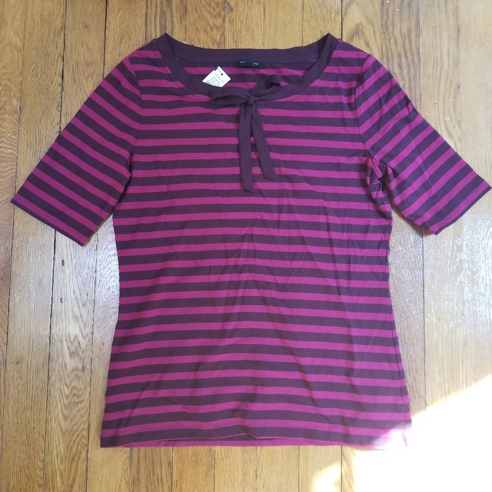 Talbots Burgundy/Berry Striped Tie Neck Top XS
